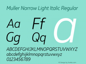 Muller Narrow Light Italic Regular Version 1.000;PS 001.000;hotconv 1.0.88;makeotf.lib2.5.64775; ttfautohint (v1.4.1)图片样张