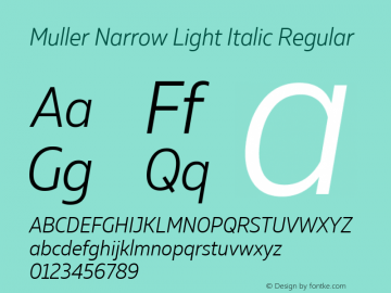 Muller Narrow Light Italic Regular Version 1.000;PS 001.000;hotconv 1.0.88;makeotf.lib2.5.64775; ttfautohint (v1.4.1) Font Sample