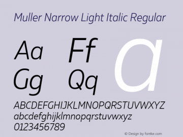 Muller Narrow Light Italic Regular Version 1.000;PS 001.000;hotconv 1.0.88;makeotf.lib2.5.64775; ttfautohint (v1.4.1) Font Sample