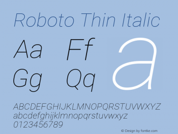 Roboto Thin Italic Version 2.133; 2016 Font Sample