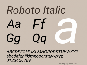Roboto Italic Version 2.133; 2016 Font Sample