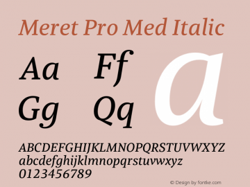 Meret Pro Med Italic Version 2.000;PS 1.000;hotconv 1.0.50;makeotf.lib2.0.16970 Font Sample