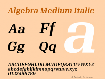 Algebra Medium Italic Version 1.2; 2016 Font Sample