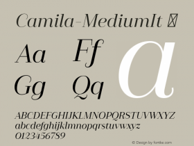 Camila-MediumIt ☞ Version 1.000;PS 001.000;hotconv 1.0.88;makeotf.lib2.5.64775;com.myfonts.easy.latinotype.camila.medium-italic.wfkit2.version.4Bot Font Sample