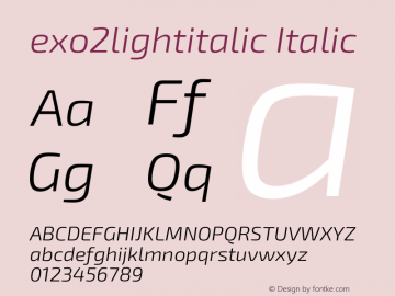 exo2lightitalic Italic Version 1.001;PS 001.001;hotconv 1.0.70;makeotf.lib2.5.58329; ttfautohint (v0.92) -l 8 -r 50 -G 200 -x 14 -w 