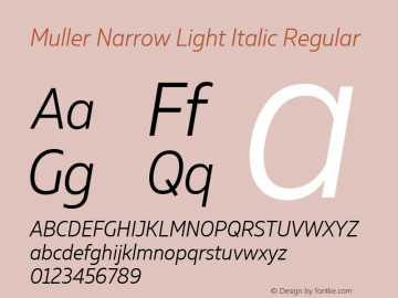 Muller Narrow Light Italic Regular Version 1.000;PS 001.000;hotconv 1.0.88;makeotf.lib2.5.64775 Font Sample