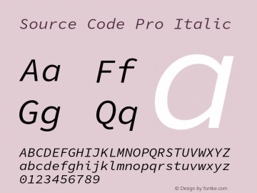 Source Code Pro Italic Version 1.050;PS 1.0;hotconv 16.6.51;makeotf.lib2.5.65220 Font Sample