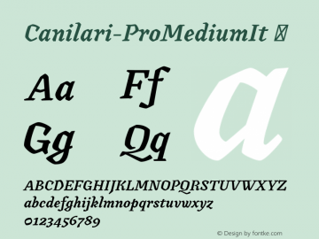 Canilari-ProMediumIt ☞ Version 1.001;PS 001.001;hotconv 1.0.88;makeotf.lib2.5.64775;com.myfonts.easy.latinotype.canilari.pro-medium-italic.wfkit2.version.4BWL图片样张