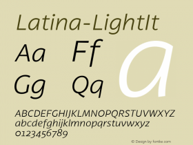 Latina-LightIt ☞ Version 0.022;PS 000.022;hotconv 1.0.88;makeotf.lib2.5.64775;com.myfonts.easy.latinotype.latina.light-italic.wfkit2.version.4BLc图片样张