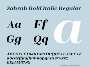 Zahrah Bold Italic Regular Version 1.000;PS 001.000;hotconv 1.0.70;makeotf.lib2.5.58329 Font Sample