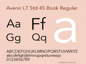 Avenir LT Std 45 Book Regular OTF 1.029;PS 001.001;Core 1.0.33;makeotf.lib1.4.1585图片样张