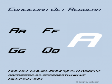 Concielian Jet Regular Version 2.0; 2003; initial release Font Sample