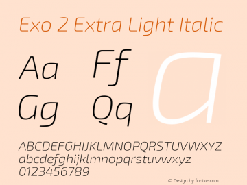 Exo 2 Extra Light Italic Version 1.001;PS 001.001;hotconv 1.0.70;makeotf.lib2.5.58329; ttfautohint (v0.92) -l 8 -r 50 -G 200 -x 14 -w 