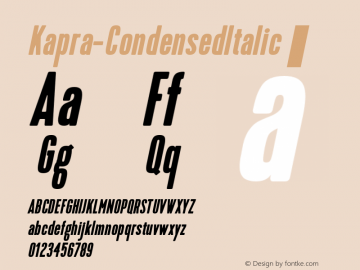 Kapra-CondensedItalic ☞ Version 1.000;PS 001.001;hotconv 1.0.56;com.myfonts.blazej-ostoja-lniski.kapra.condensed-italic.wfkit2.4aCi Font Sample