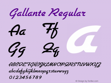 Gallante Regular The IMSI MasterFonts Collection, tm 1995, 1996 IMSI (International Microcomputer Software Inc.) Font Sample