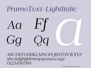 PrumoText-LightItalic ☞ Version 1.001;PS 001.001;hotconv 1.0.70;makeotf.lib2.5.58329;com.myfonts.dstype.prumo-text.light-italic.wfkit2.3W8J图片样张