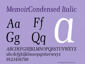 MemoirCondensed Italic The IMSI MasterFonts Collection, tm 1995, 1996 IMSI (International Microcomputer Software Inc.) Font Sample