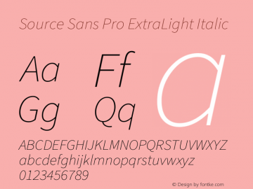 Source Sans Pro ExtraLight Italic Version 1.075;PS 2.0;hotconv 1.0.86;makeotf.lib2.5.63406 Font Sample