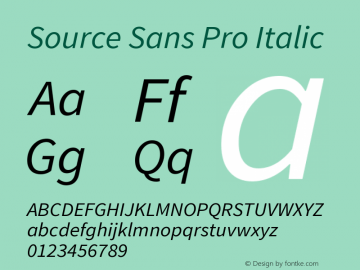 Source Sans Pro Italic Version 1.075;PS 2.0;hotconv 1.0.86;makeotf.lib2.5.63406 Font Sample