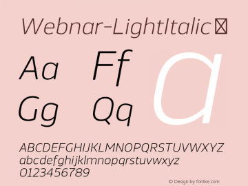 Webnar-LightItalic ☞ Version 1.000;PS 001.000;hotconv 1.0.70;makeotf.lib2.5.58329;com.myfonts.easy.northernblock.webnar.light-italic.wfkit2.version.4nTP Font Sample