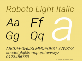Roboto Light Italic Version 2.134; 2016; ttfautohint (v1.4.1) Font Sample