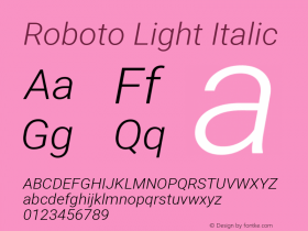 Roboto Light Italic Version 2.134; 2016; ttfautohint (v1.4.1) Font Sample