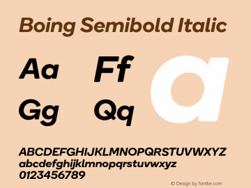 Boing Semibold Italic Version 3.000;PS 3.0;hotconv 1.0.88;makeotf.lib2.5.647800; ttfautohint (v1.4) Font Sample