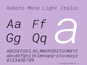 Roboto Mono Light Italic Version 2.000985; 2015; ttfautohint (v1.3) Font Sample