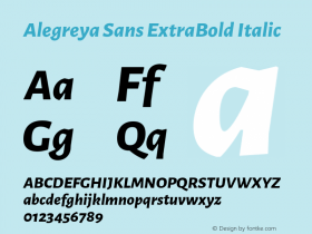 Alegreya Sans ExtraBold Italic Version 1.000;PS 001.000;hotconv 1.0.70;makeotf.lib2.5.58329 DEVELOPMENT; ttfautohint (v0.97) -l 8 -r 50 -G 200 -x 17 -f dflt -w G -W图片样张