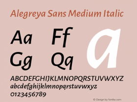 Alegreya Sans Medium Italic Version 1.000;PS 001.000;hotconv 1.0.70;makeotf.lib2.5.58329 DEVELOPMENT; ttfautohint (v0.97) -l 8 -r 50 -G 200 -x 17 -f dflt -w G -W Font Sample