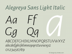 Alegreya Sans Light Italic Version 1.000;PS 001.000;hotconv 1.0.70;makeotf.lib2.5.58329 DEVELOPMENT; ttfautohint (v0.97) -l 8 -r 50 -G 200 -x 17 -f dflt -w G -W Font Sample