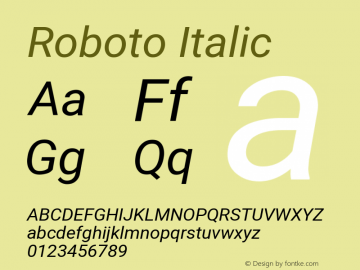 Roboto Italic Version 2.135; 2016 Font Sample