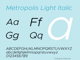 Metropolis Light Italic Version 1.000;PS 001.000;hotconv 1.0.88;makeotf.lib2.5.64775 Font Sample
