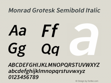 Monrad Grotesk Semibold Italic Version 1.065;PS Version 2.0;hotconv 1.0.78;makeotf.lib2.5.61930 Font Sample