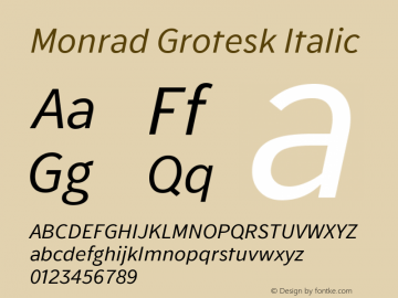 Monrad Grotesk Italic Version 1.065;PS Version 2.0;hotconv 1.0.78;makeotf.lib2.5.61930 Font Sample