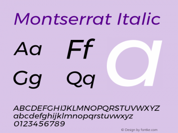 Montserrat Italic Version 6.000;PS 006.000;hotconv 1.0.88;makeotf.lib2.5.64775 Font Sample