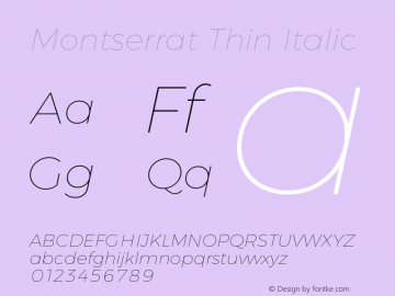 Montserrat Thin Italic Version 6.000;PS 006.000;hotconv 1.0.88;makeotf.lib2.5.64775 Font Sample