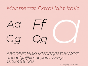 Montserrat ExtraLight Italic Version 6.002;PS 006.002;hotconv 1.0.88;makeotf.lib2.5.64775 Font Sample
