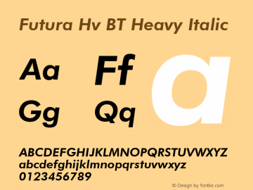 Futura Hv BT Heavy Italic Version 2.001 mfgpctt 4.4 Font Sample