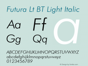 Futura Lt BT Light Italic mfgpctt-v1.52 Tuesday, January 12, 1993 3:27:55 pm (EST) Font Sample