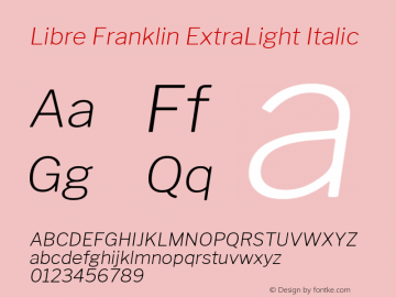 Libre Franklin ExtraLight Italic Version 1.003;PS 001.003;hotconv 1.0.88;makeotf.lib2.5.64775; ttfautohint (v1.4.1)图片样张