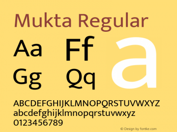 Mukta Regular Version 2.204;PS 1.001;hotconv 1.0.88;makeotf.lib2.5.647800; ttfautohint (v1.6) Font Sample