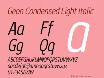 Geon Condensed Light Italic Version 1.000 Font Sample