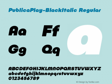 PublicaPlay-BlackItalic Regular Version 1.00 Font Sample