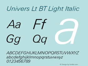 Univers Lt BT Light Italic mfgpctt-v4.4 Dec 23 1998 Font Sample