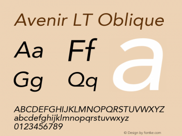 Avenir LT 55 Oblique Version 006.000 Font Sample