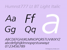 Humnst777 Lt BT Light Italic mfgpctt-v1.52 Monday, January 25, 1993 2:36:02 pm (EST)图片样张