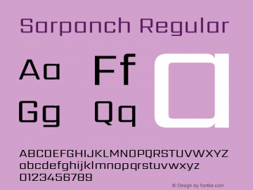 Sarpanch Regular Version 2.004;PS 1.0;hotconv 1.0.78;makeotf.lib2.5.61930; ttfautohint (v1.1) -l 8 -r 50 -G 200 -x 14 -D latn -f deva -w gGD -W -c Font Sample