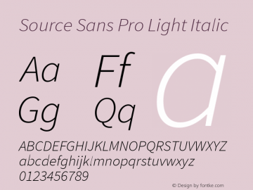 Source Sans Pro Light Italic Version 1.050;PS 1.000;hotconv 1.0.70;makeotf.lib2.5.5900 Font Sample