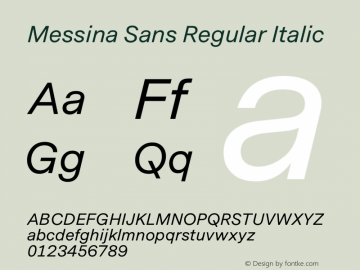 MessinaSans-RegularItalic Version 1.000;PS 001.000;hotconv 1.0.70;makeotf.lib2.5.58329; ttfautohint (v1.3) Font Sample